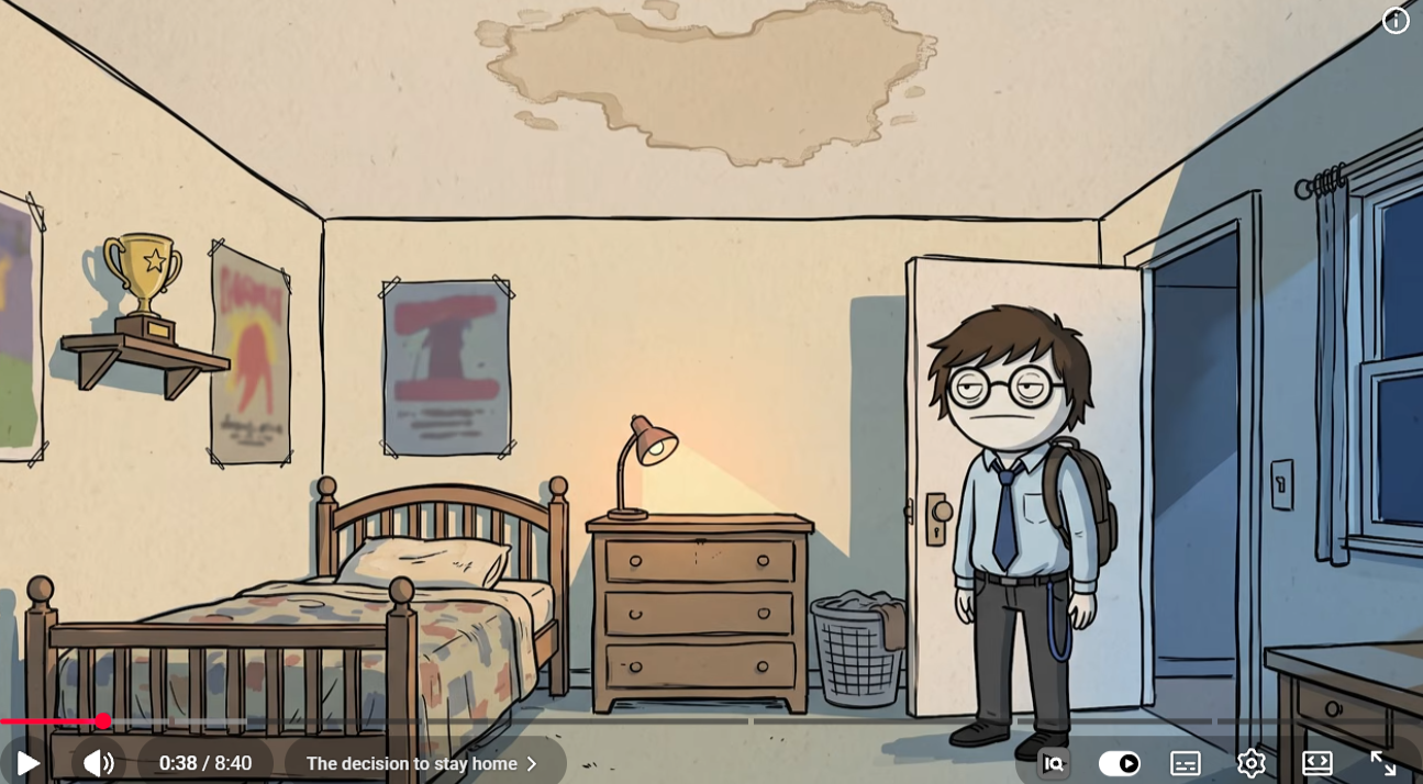 Screenshot eines handgezeichneten Story-Videos mit Figur in einem Zimmer